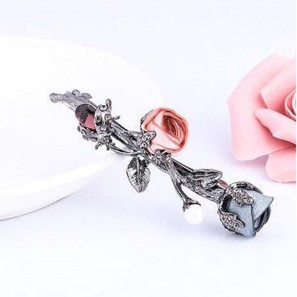 Coral Pink & Cornflower Blue Silk Petite Roses Barrette - Pearl - Garnet Crystal - Picture 3 of 10